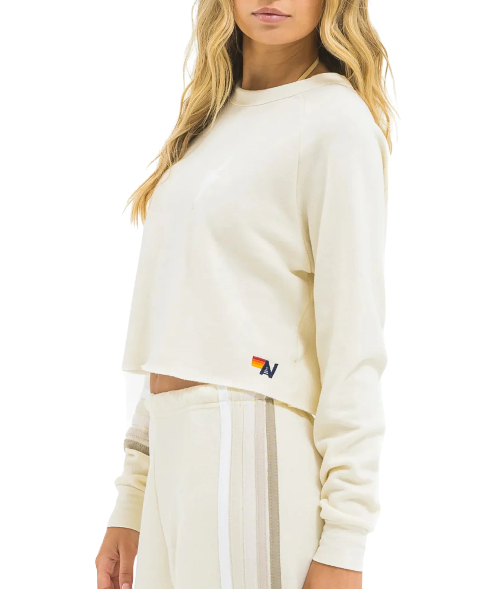 Aviator Nation Women Bolt Rugby Stitch Crop Crew Sweatshirt Vintage White/White Grey - Image 3