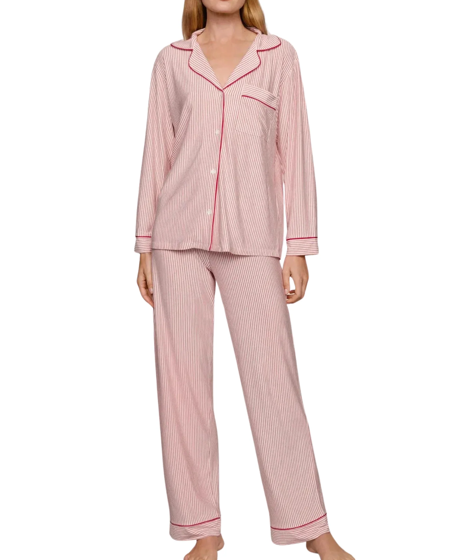 Eberjey Women Gisele Printed Long PJ Set Duo Stripe Holly Red With Ribbon - Image 4