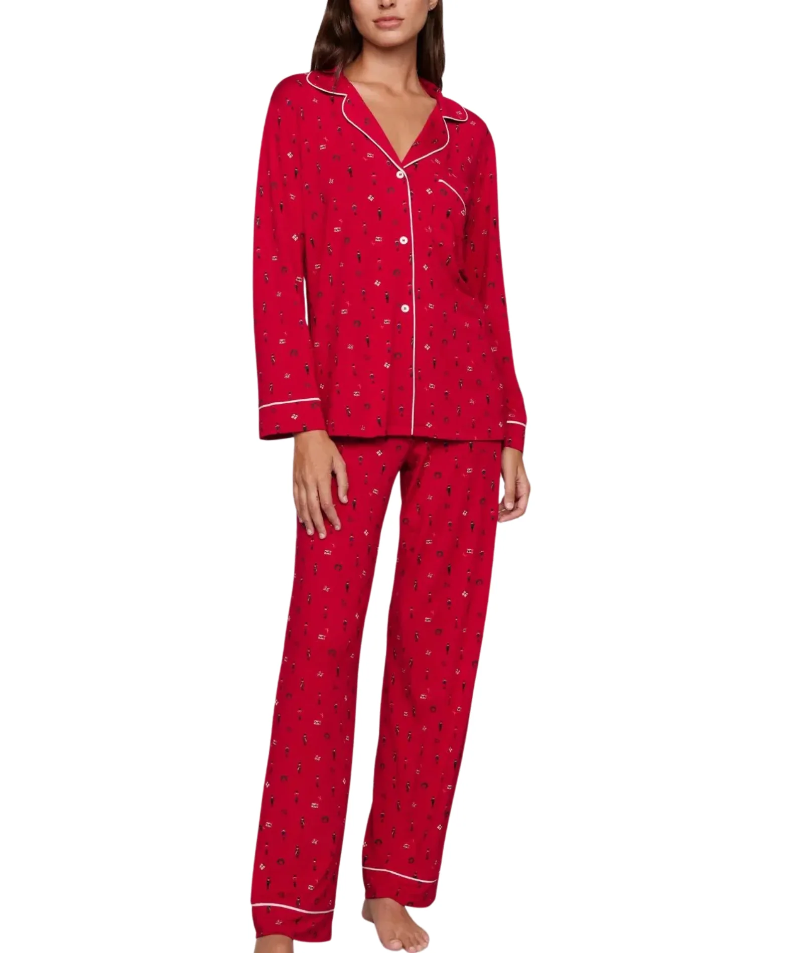 Eberjey Women Gisele Printed Long PJ Set Nutcracker Holly Red/Ivory With Ribbon - Image 4