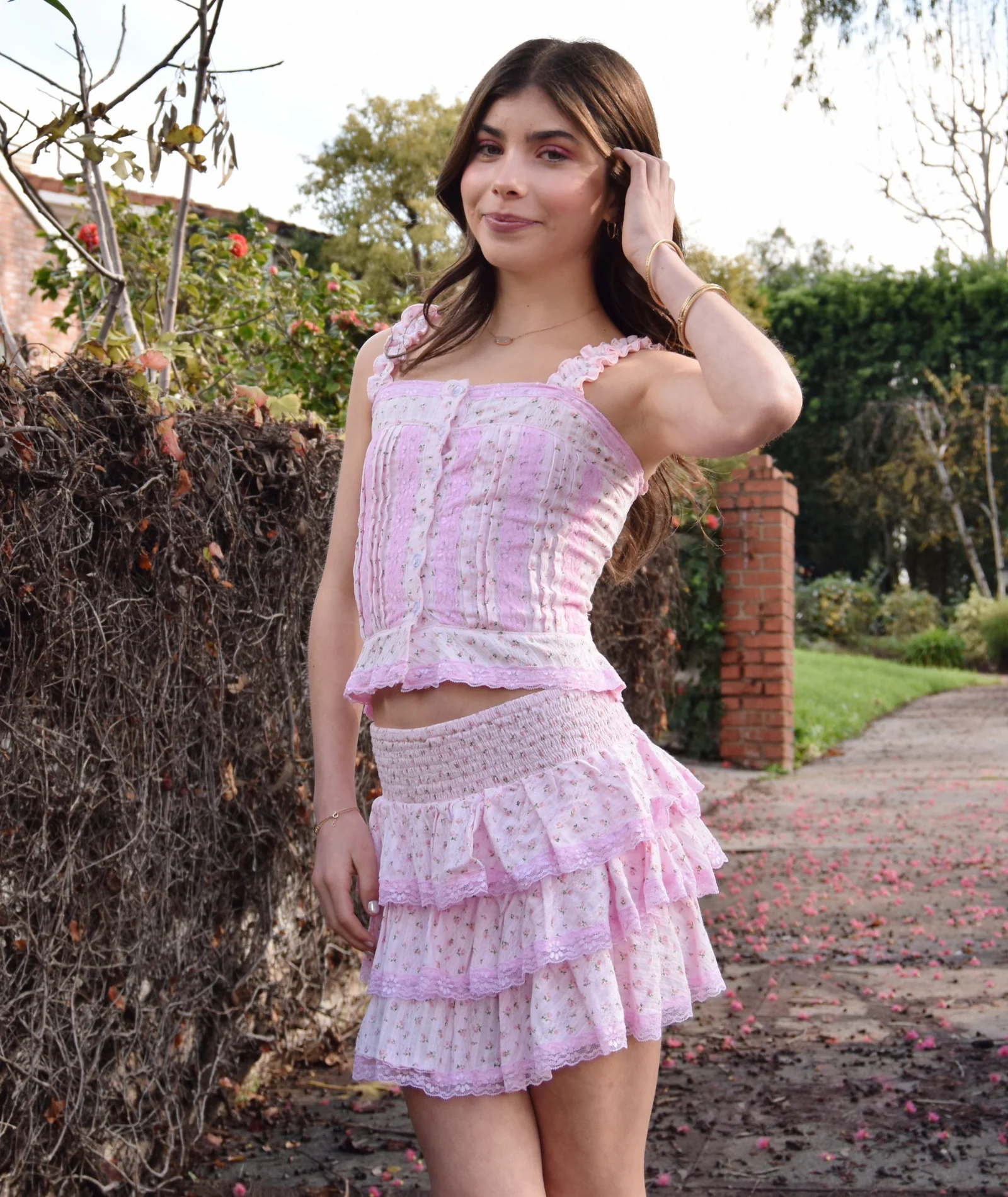 FBZ Girls Cameron Pink Floral Lace 3 Ruffle Skirt - Image 2