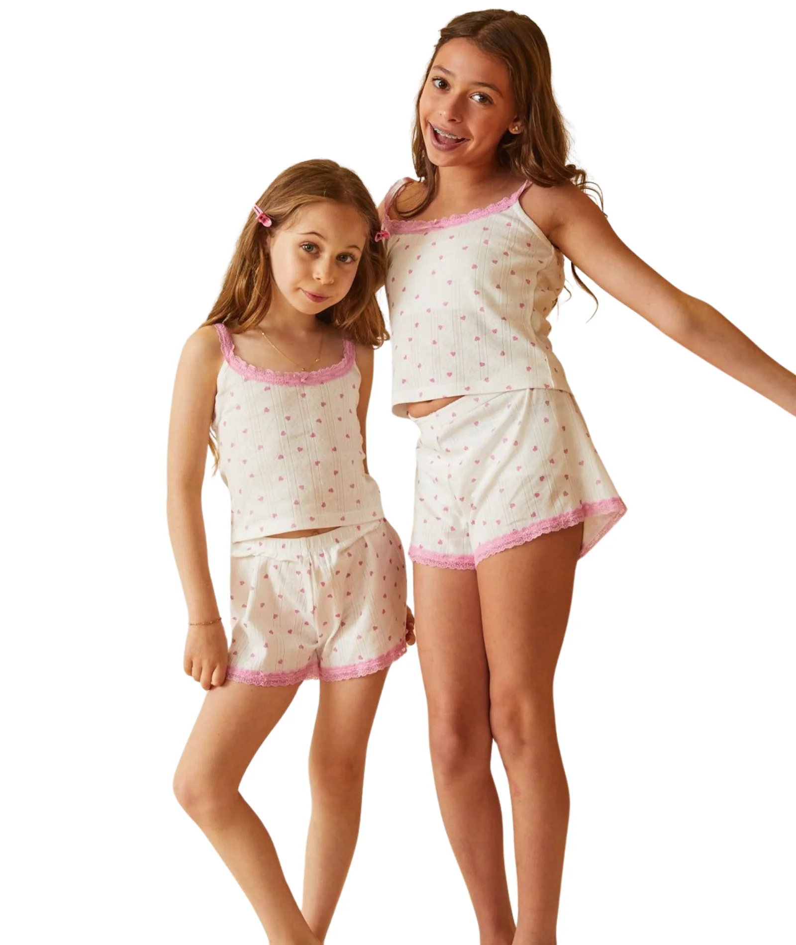 Theme Girl Teddy White With Pink Hearts Pointelle Shorts